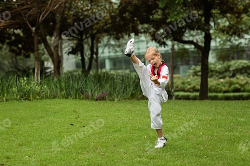 Preview: Taekwondo girl in kimono with white belt exercising at summer park alone during coronavirus covid-19