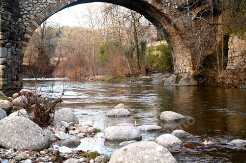 Preview: River flowing under the stone arch bridge in the park