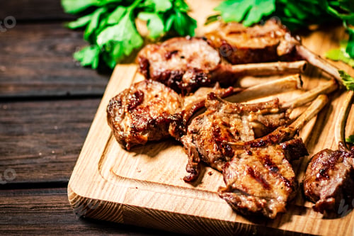 Preview: Delicious grilled lamb rack on a cutting board with parsley.