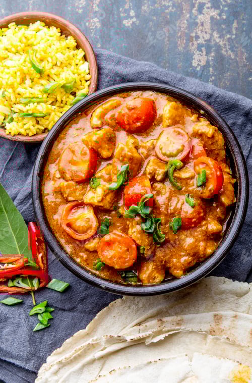 Preview: INDIAN FOOD. ROGAN JOSH curry sauce. Pork rogan josh with rice and naan bread
