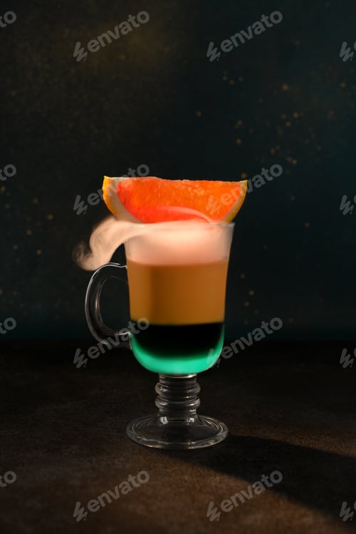 Preview: Two-layer coffee cocktail mint and red orange. Cold smoke leaks out.