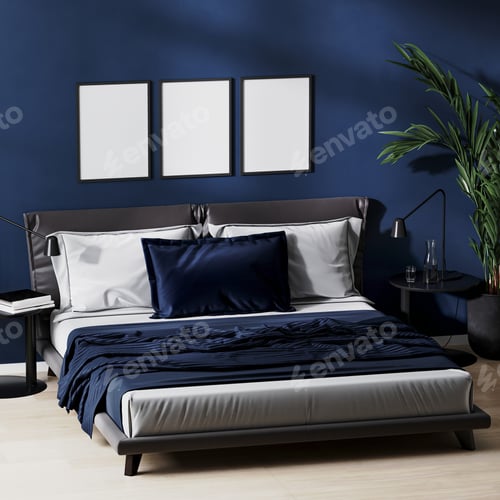 Preview: poster frame mock up in modern bedroom interior in dark blue colors with black bed