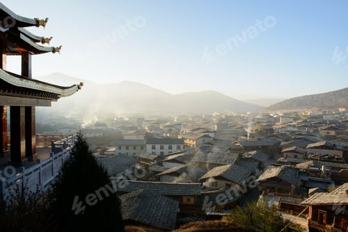 Preview: Village rooftops viewed from hill, shangri-la county
