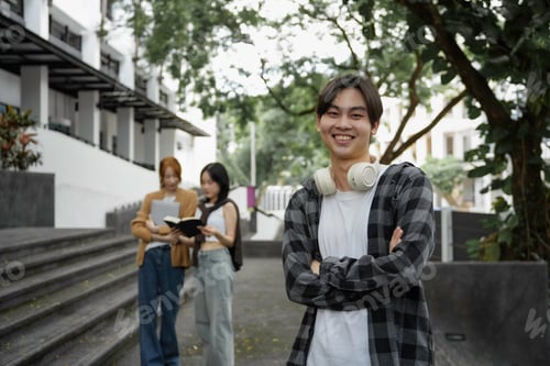 Aperçu: Confident young man smiles with arms crossed, while students chat in the background