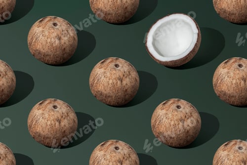 Preview: Creative pattern of whole coconuts on dark green background with sharp shadow.