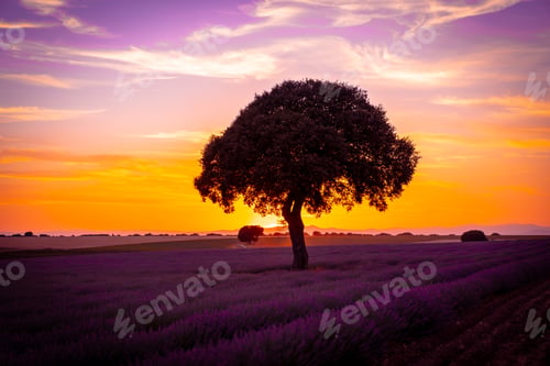 Preview: Sunset in a lavender field, natural landscape, Brihuega. Guadalajara, Spain.