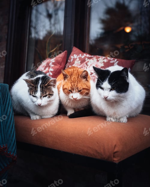 Preview: Vertical shot of three cats of short-haired domestic breed, relaxing on a soft couch