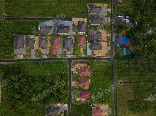 Preview: Drone shot of residential area with many houses from top view in Tanah Merah, Kelantan, Malaysia.