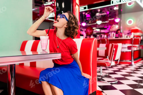 Preview: stylish smiling woman in retro vintage cafe