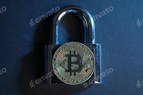 Preview: Bitcoin and padlock on blue background, top view