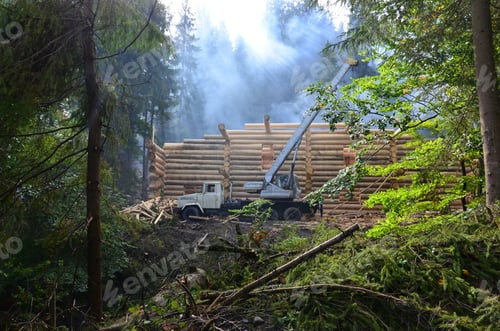 Preview: The process of building a wooden house from wooden beams of cylindric