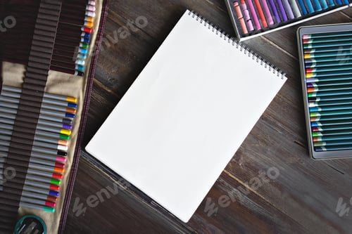 Preview: pencils, brushes, watercolor paints, canva paper crayon pastel chalks.wooden table