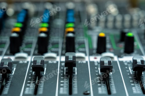 Preview: Closeup some part of audio mixer, vintage film style, music equipment concept