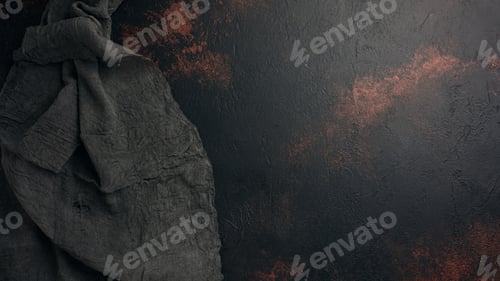 Preview: Black gauze kitchen towel on black background, top view. Copy space