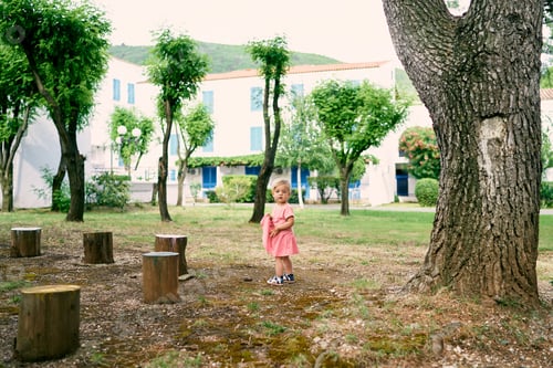 Preview: Little girl stands in a clearing near stumps in the courtyard of a house