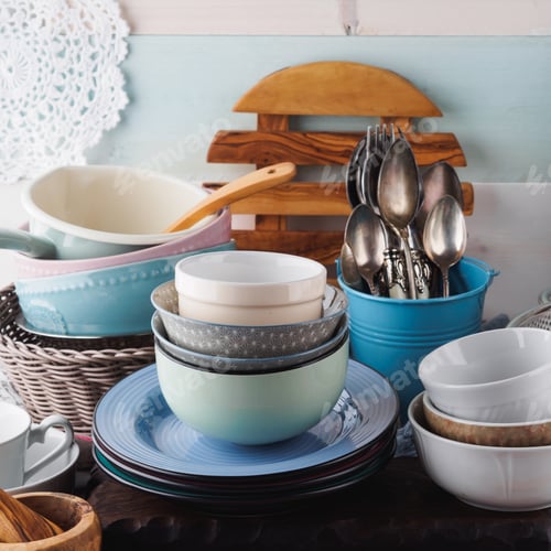 Preview: Ceramic and enamel crockery on wooden background