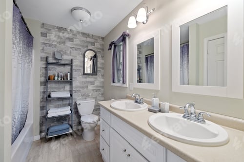 Preview: Modern designed restroom with white-painted walls and lavatories