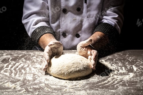 Preview: pizza prepare dough hand topping. chef prepares the dough with flour