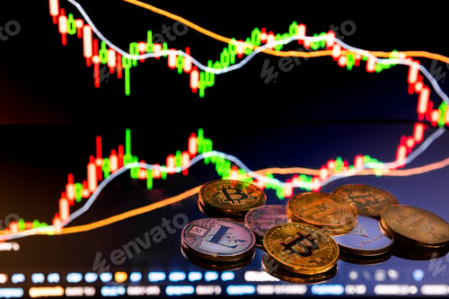 Preview: Bitcoin coins with global trading exchange market price chart in the background