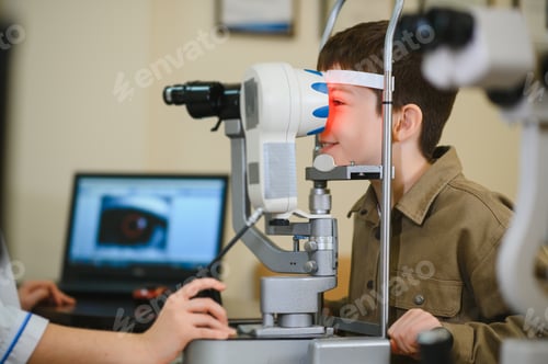 Preview: Child undergoing eyesight examination with ophthalmological equipment in clinic