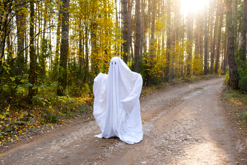 Preview: child in sheets with cutout for eyes like a ghost costume in an autumn forest