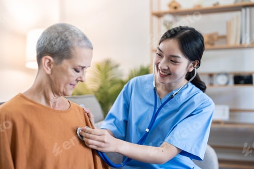 Preview: Nurse Conducting Health Checkup During Home Visit for Senior Woman in Comfortable Living Room