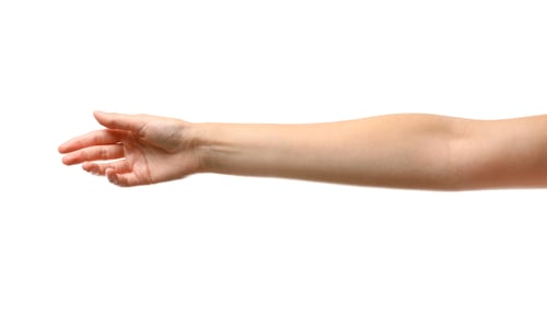 Preview: Young woman reaching hand for shake on white background, closeup