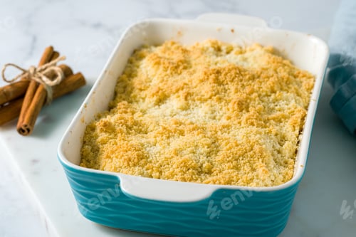 Preview: Apple and pear crumble, pie with streusel. Sweet dessert with stewed fruit. Side view, close up