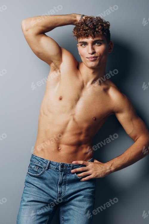 Preview: man abs muscular muscle body beauty male sport torso sexy gray background lifestyle healthy