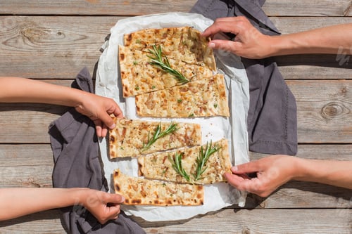 Preview: Flammkuchen, traditional German pizza with red onion, bacon, cream cheese