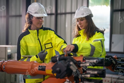 Preview: Two Engineers Work Together on a Robotic Arm in an Industrial Facility While Wearing Safety Gear Dur