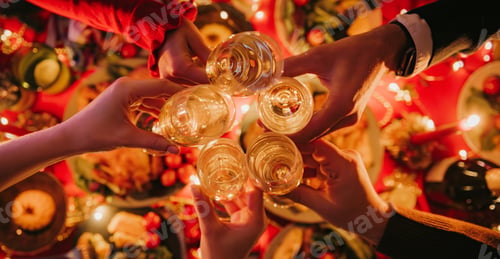 Preview: Top view of people toasting with champagne while enjoying Christmas Eve