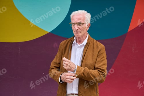 Preview: Senior man adjusting cuff of shirt, standing against colorful background