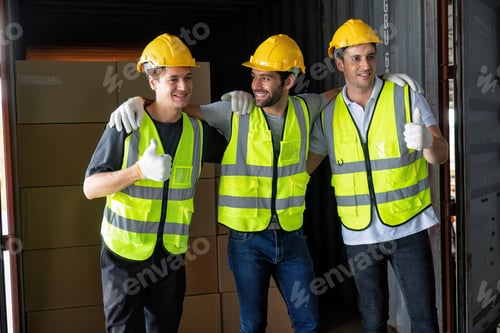 Preview: 3 Workers carry carton box take from 40 feet steel container on the trailer truck and smile portrait