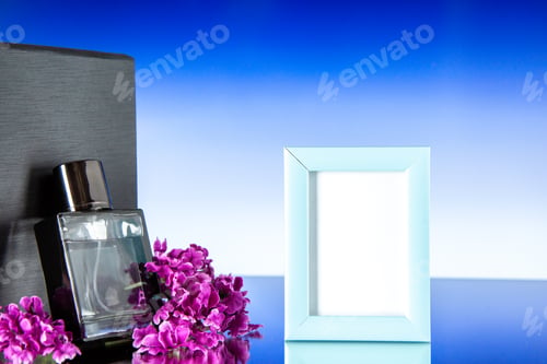 Preview: front view black fragnance with blue picture frame on a light-blue background present gift portrait
