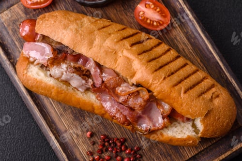Vista previa: Delicious juicy hot dog with sausage, bacon, sauce, salt and spices