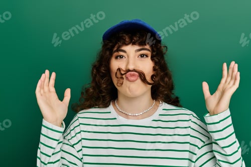 Preview: Stylish woman with curly hair playfully poses in front of a vibrant green backdrop