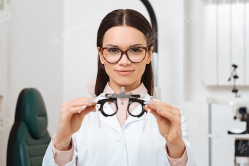 Preview: portrait of young optometrist in white coat showing trial frame in hands in clinic