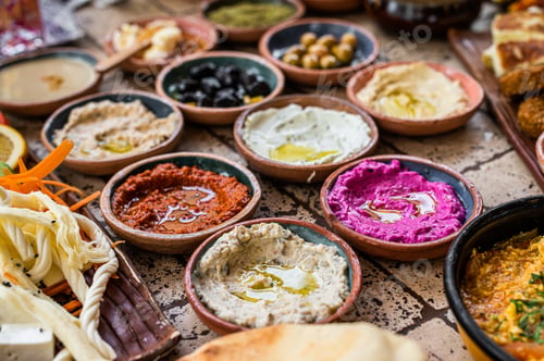 Preview: Fried cheese and falafel with sause in Turkish Village Breakfast. Top view