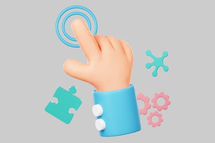 Preview: Cartoon hand with pointing finger and floating ring surrounded by various shapes