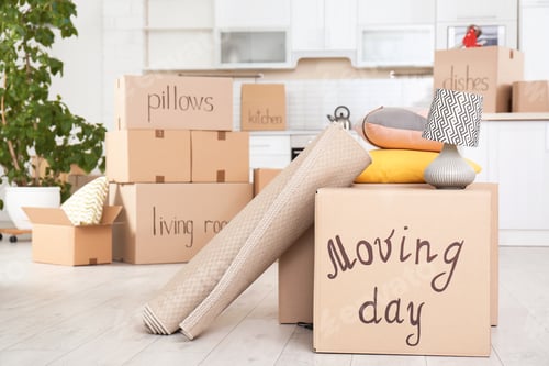 Preview: Moving boxes and household stuff in kitchen. Space for text