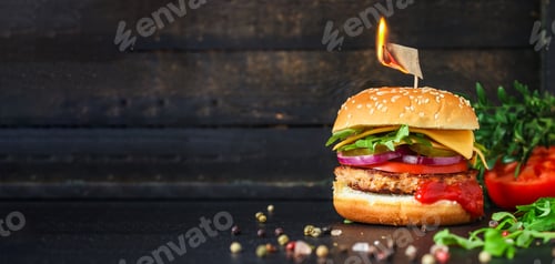 Preview: Burger, Meat Cutlet Beef Steak, Tomato, Sauce And Lettuce Tasty Meat Snack Sandwich Menu Concept