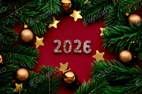 Visualização: Fundo vermelho de Ano Novo de 2026. Número do próximo ano na decoração de Natal.