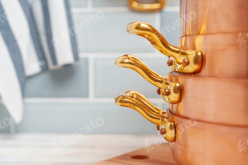 Preview: Modern kitchen details with copper kitchenware close up