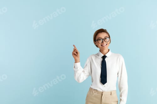 Preview: Smiling Businesswoman Pointing Hand. Positive Lady Pointing Away