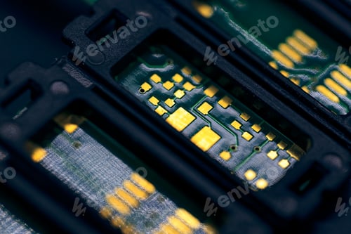 Preview: Macro shot of a black electronic circuit board with its small details