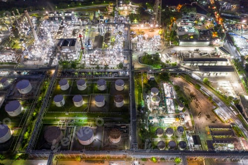 Preview: Petrochemical oil refinery in Bangkok City, Thailand. Oil and gas tanks in industry factory.