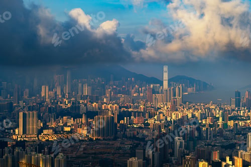 Preview: Hong Kong Downtown, China. Financial district in urban city in Asia. Skyscraper buildings.