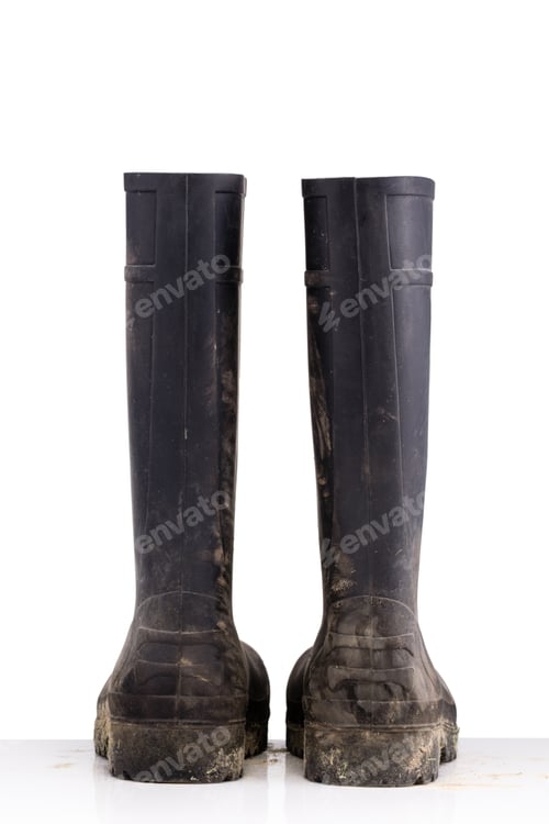 Preview: Dry dirty Mud boots isolated on pure white background back view