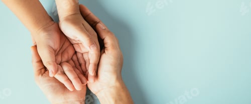 Preview: Family hands stacked in close-up top view isolated background. Parents and kid hold empty space